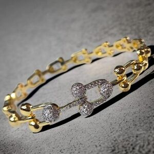 Luxury 18k Gold Plated Pave Zircon Crystal U Link Chain Bangle Cuff Bracelet
